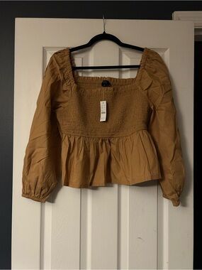 J.Crew Smocked Square-Neck Peplum Cropped Blouse in Camel